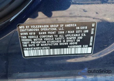 2015 Volkswagen Passat 1.8T Limited Edition from USA, damaged, VIN 1VWAS7A32FC107572